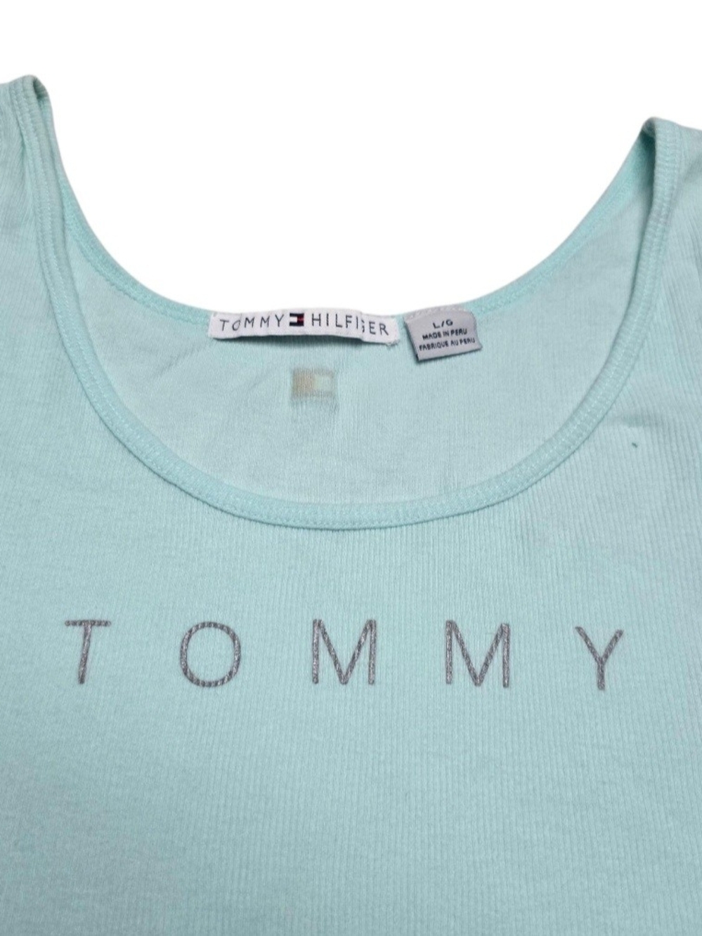 Vintage 90s Tommy Hilfiger Tank Top Women’s L Mint Green Ribbed Y2K Logo